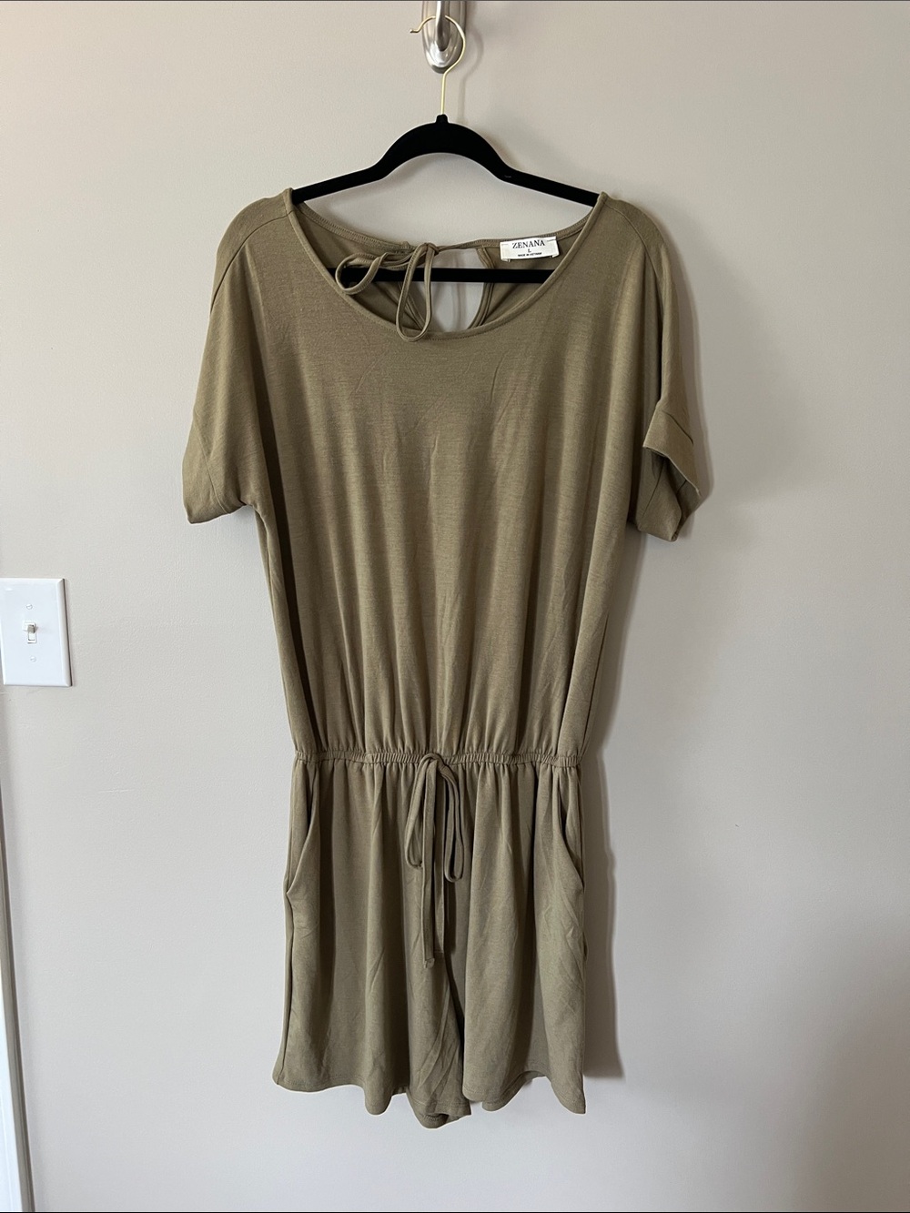 Zenana Outfitters Olive Drawstring Waist Short Sleeve Romper